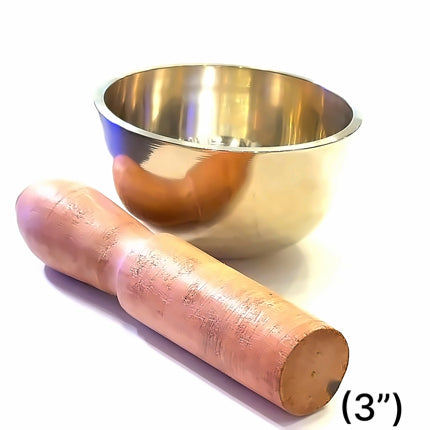 Authentic Himalayan singing bowl handmade in Nepal with mallet on the side on white front overview