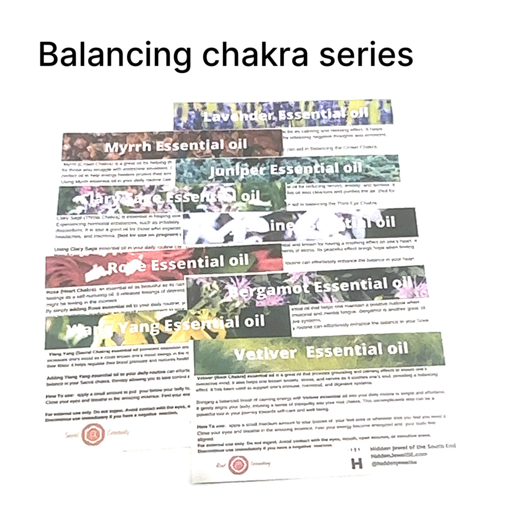 Balancing Series Chakra Essential Oil Blends info cards front view