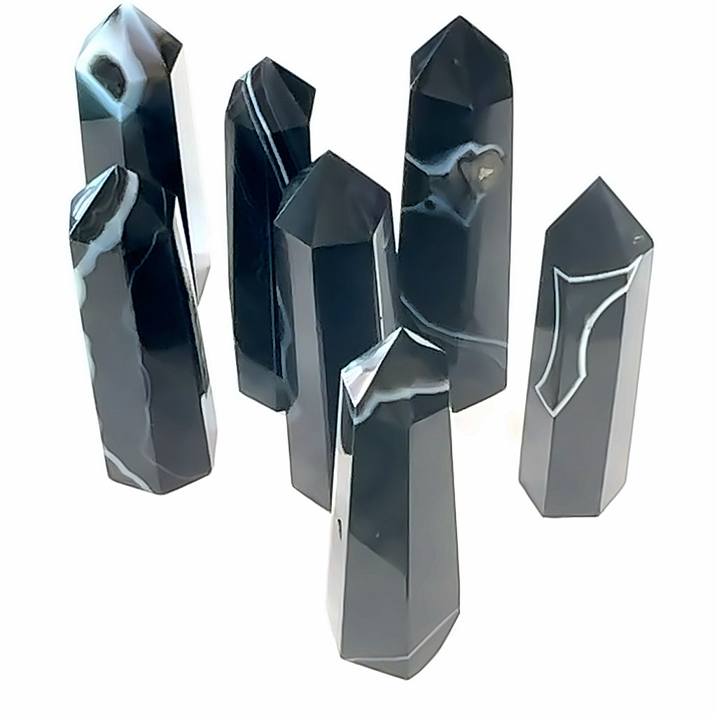Black Agate Gemstone Tower grouping on white front center  overview