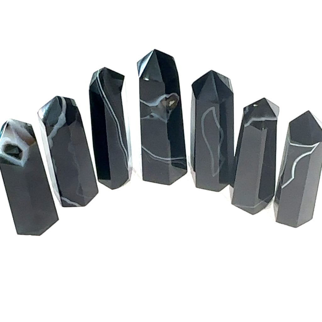 Black Agate Gemstone Tower grouping on white front center  view