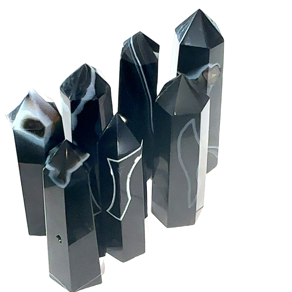 Black Agate Gemstone Tower grouping on white front view