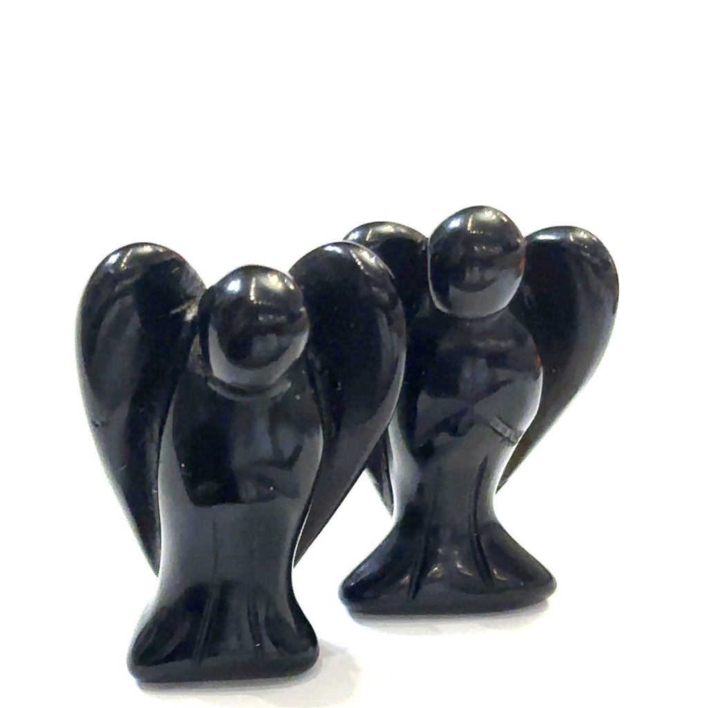 Black Obsidian carved angel crystal for grounding and protection on white front view
