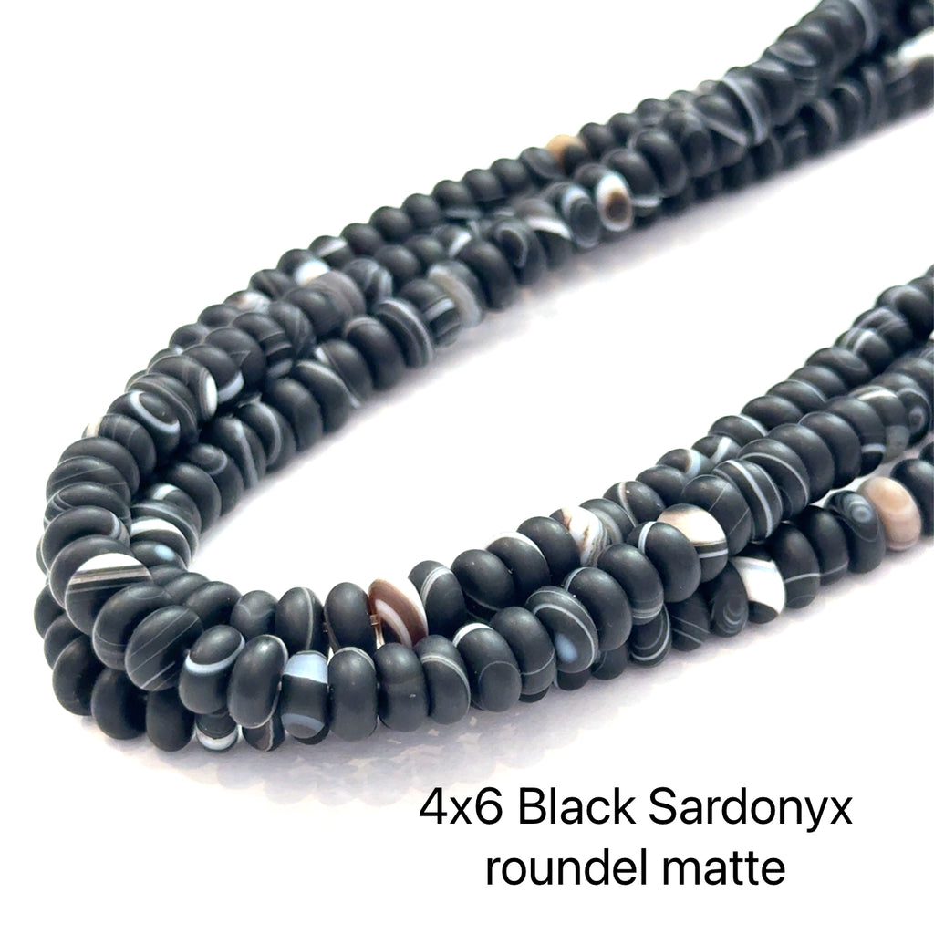 Black Sardonyx Gemstone Strand – 16" 4x6 roundel matte on white long overview