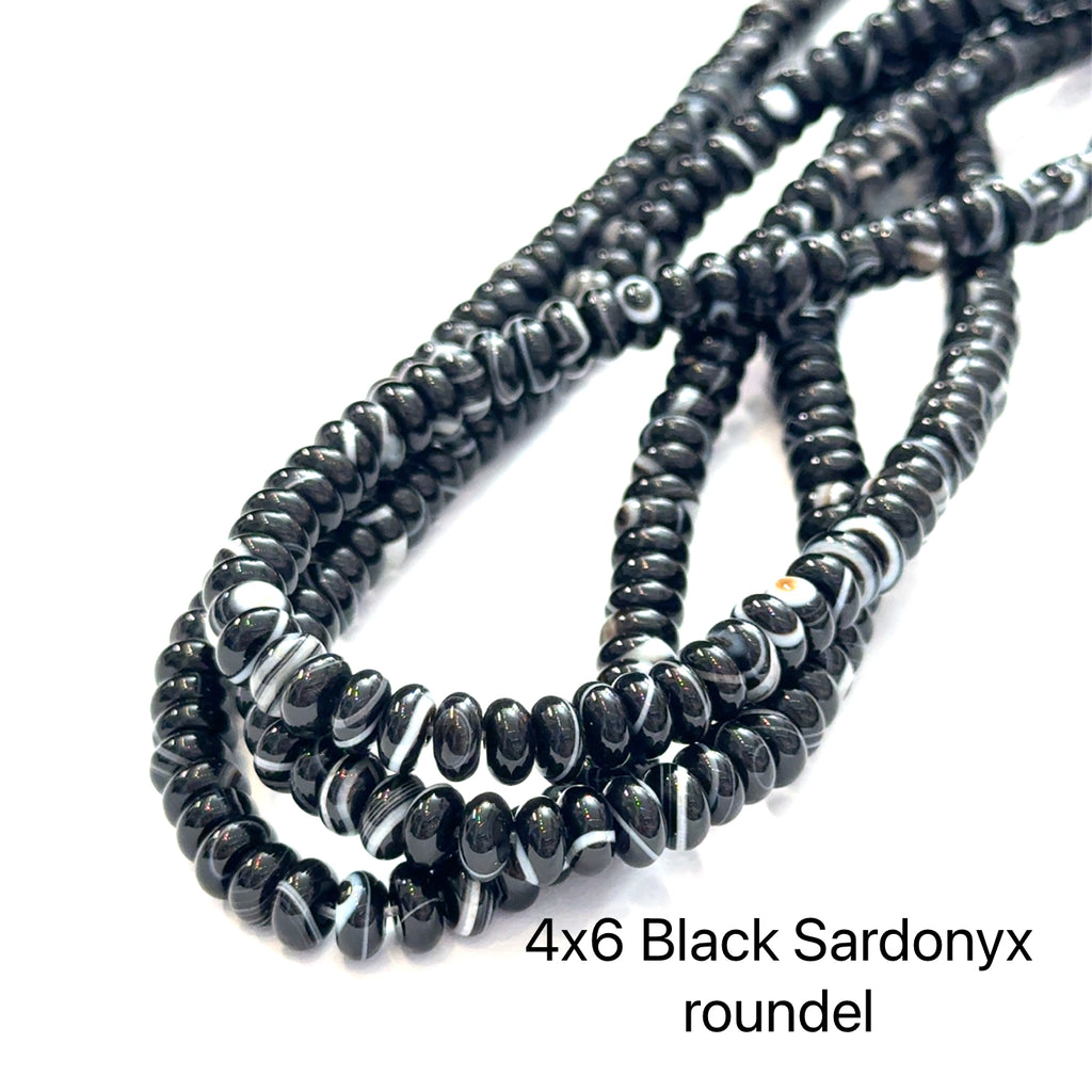 Black Sardonyx Gemstone Strand – 16" 4x6 roundel on white long overview