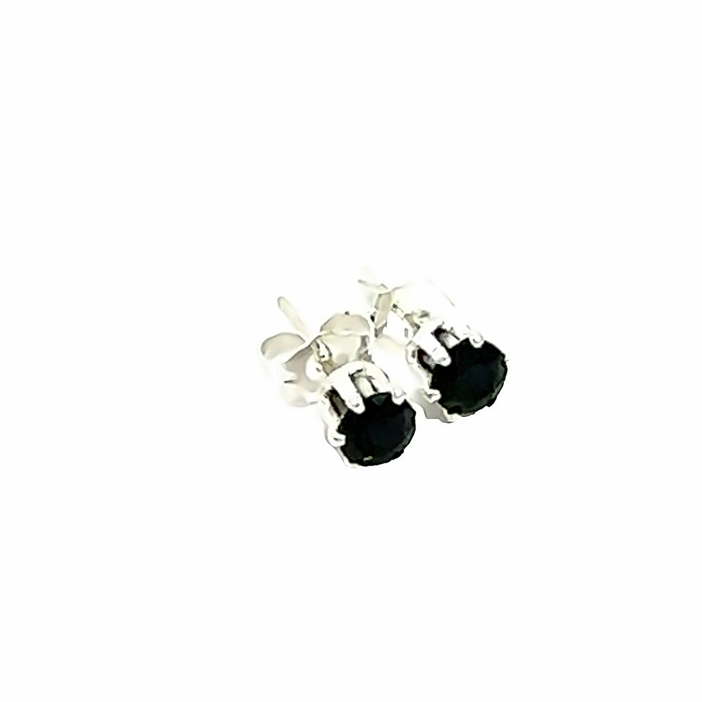 Black Spinel Faceted 4mm Round Post Earrings on white center left angle facing downward overview