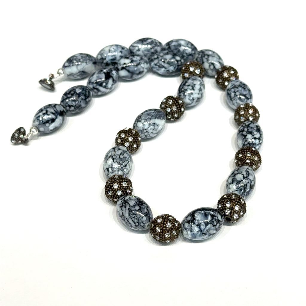 Black & White Marbled Beaded Necklace on white center overview