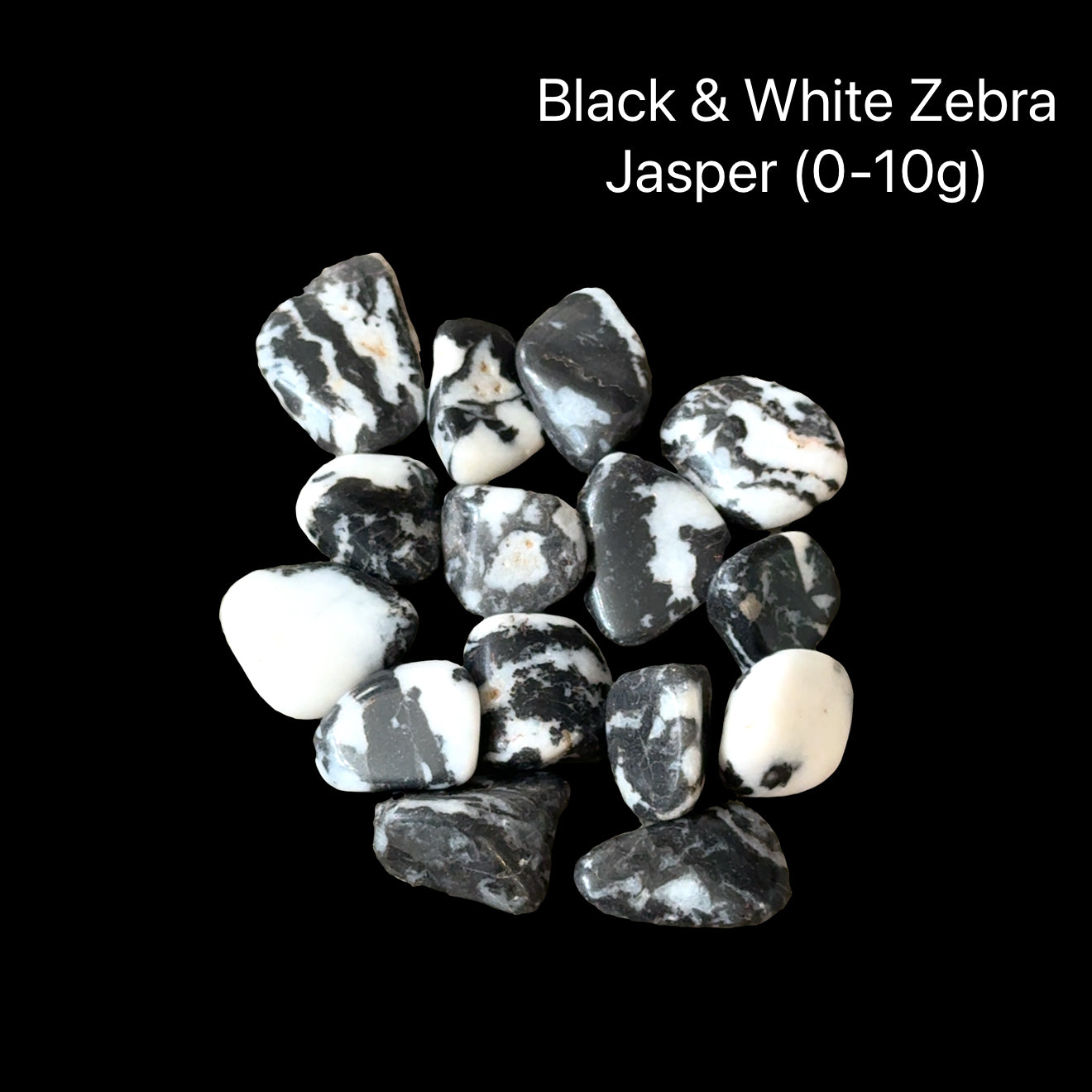 Black and white zebra jasper stones on a black background with text indicating weight range (0-0g), front overview.