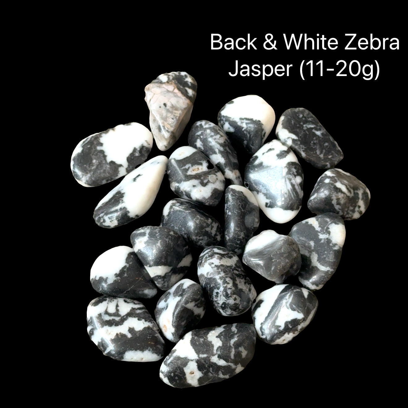 Black and white zebra jasper stones on a black background with text indicating weight range (11-20g), front overview.