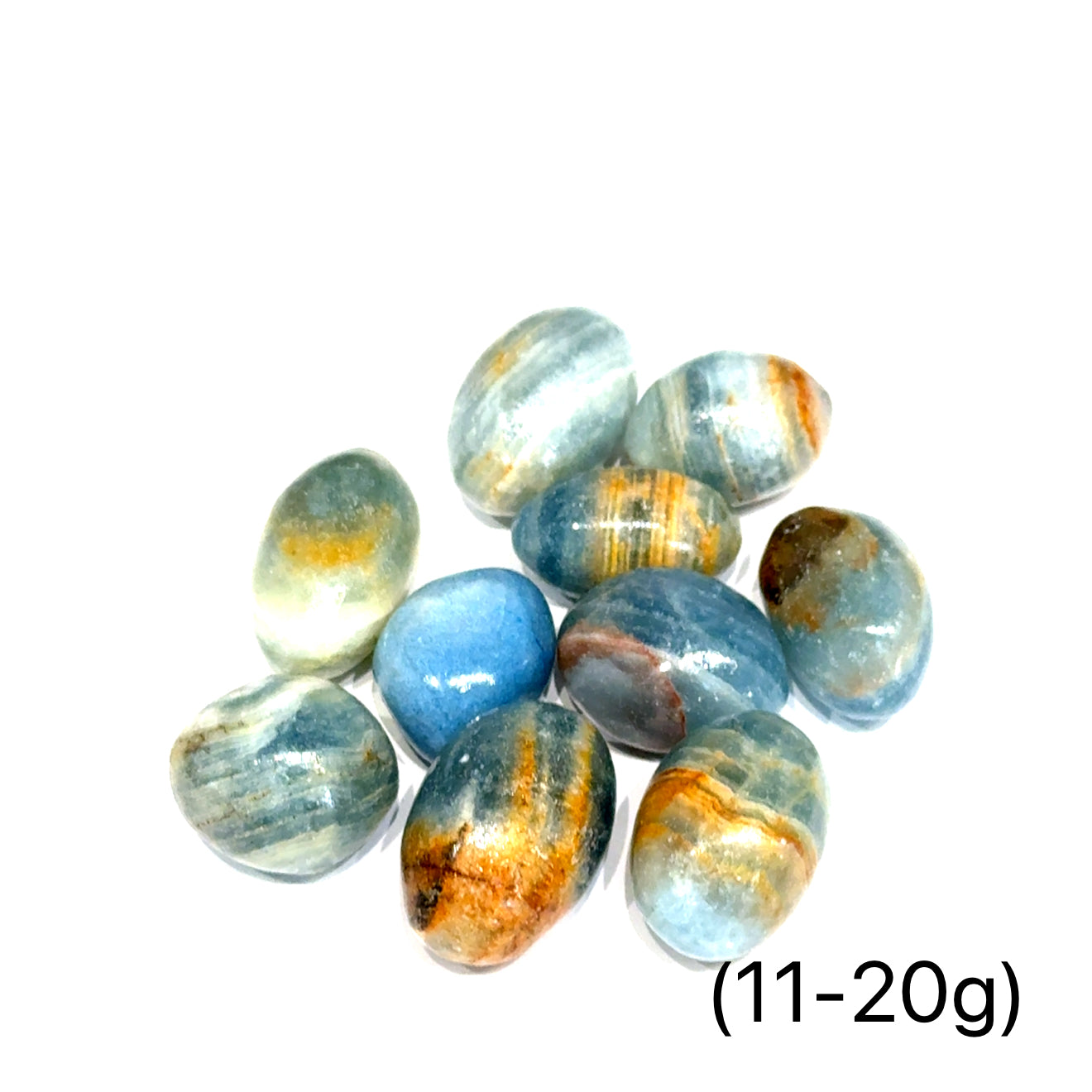  Blue Onyx gemstone with a striped pattern on a white background, front view weighted at (11-20g).
