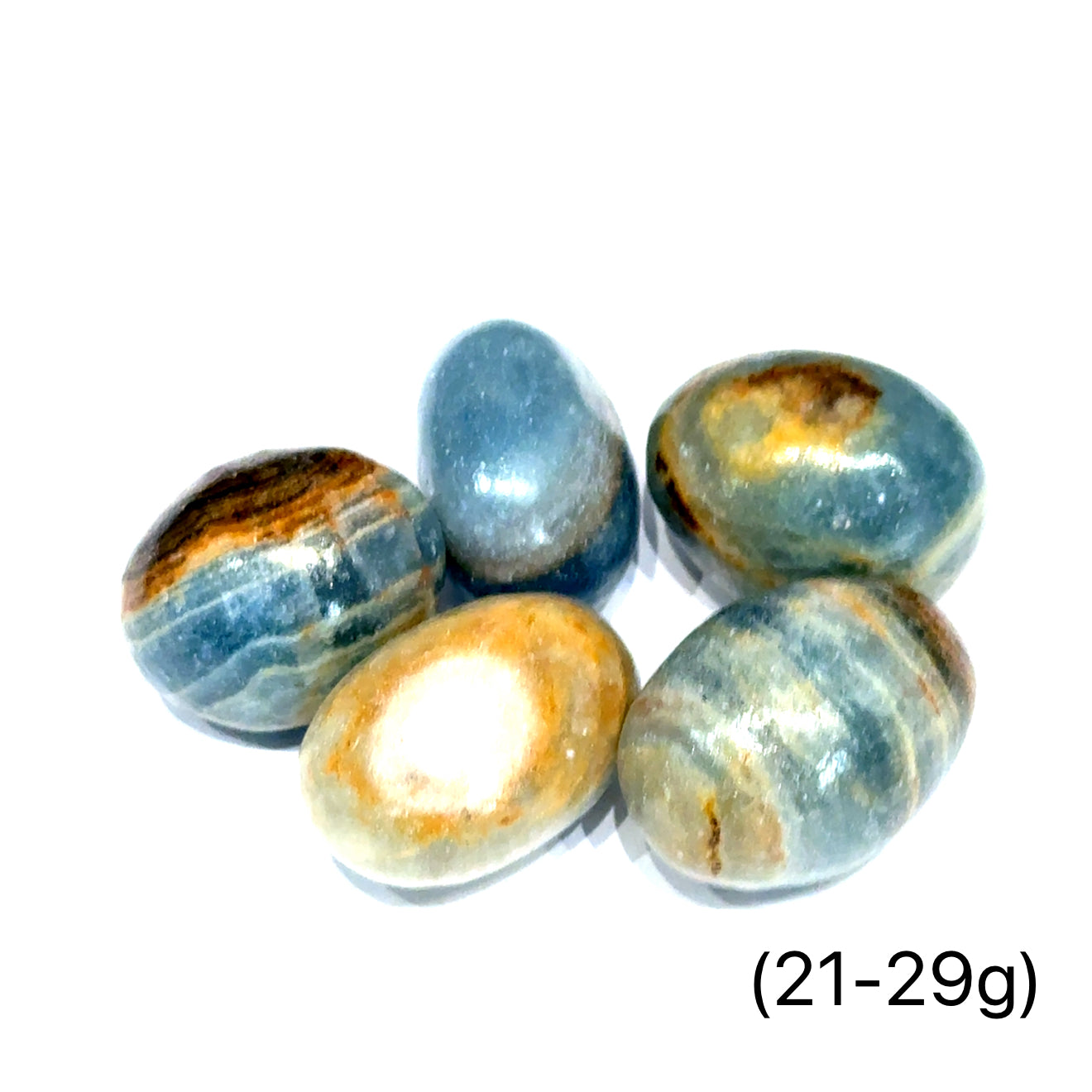  Blue Onyx gemstone with a striped pattern on a white background, front view weighted at (21-29g).