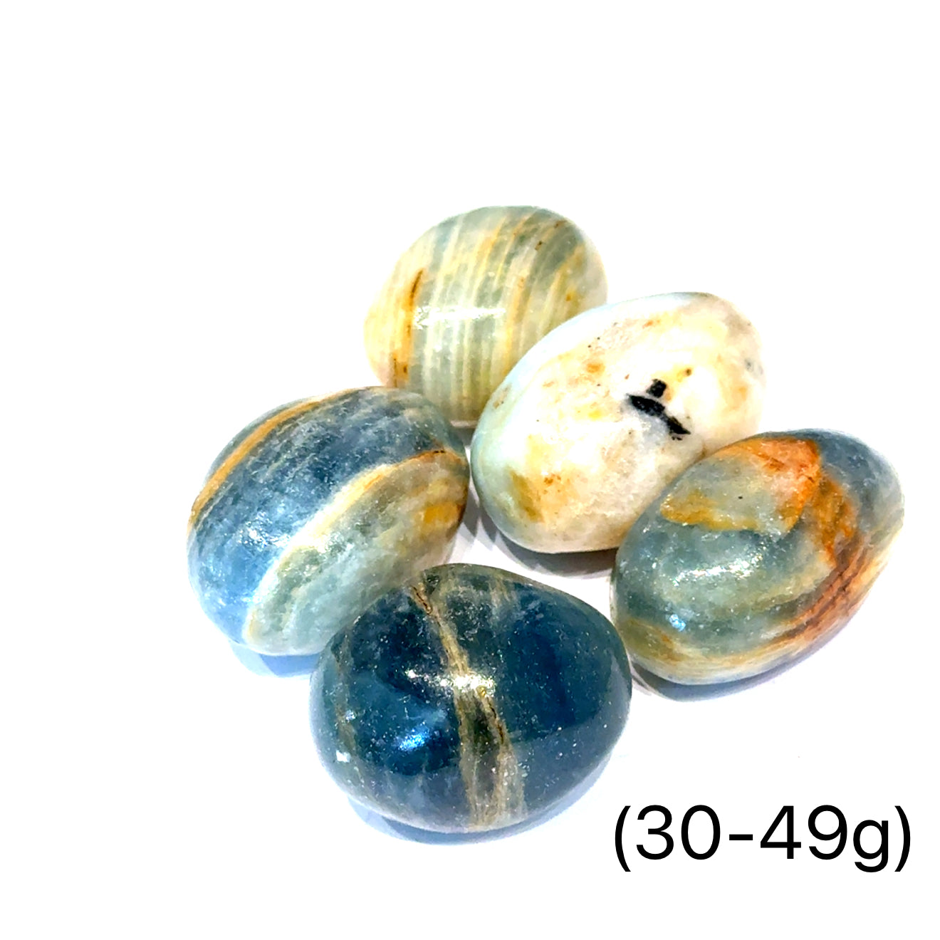  Blue Onyx gemstone with a striped pattern on a white background, front view weighted at (30-49g).