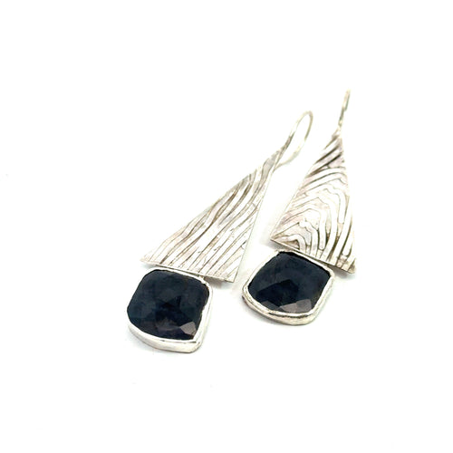 Blue Sapphire & Sterling Silver Triangle Drop Earrings on white back view