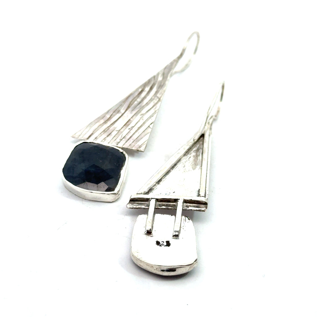 Blue Sapphire & Sterling Silver Triangle Drop Earrings on white canter overview