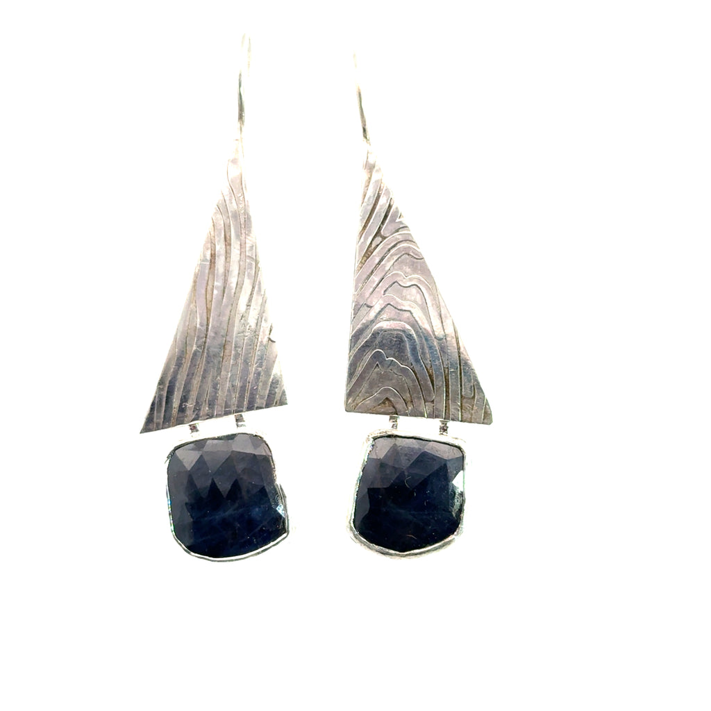 Blue Sapphire & Sterling Silver Triangle Drop Earrings on white canter view