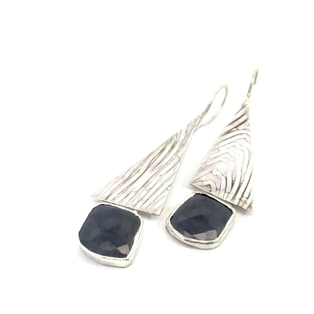 Blue Sapphire & Sterling Silver Triangle Drop Earrings on white right front 