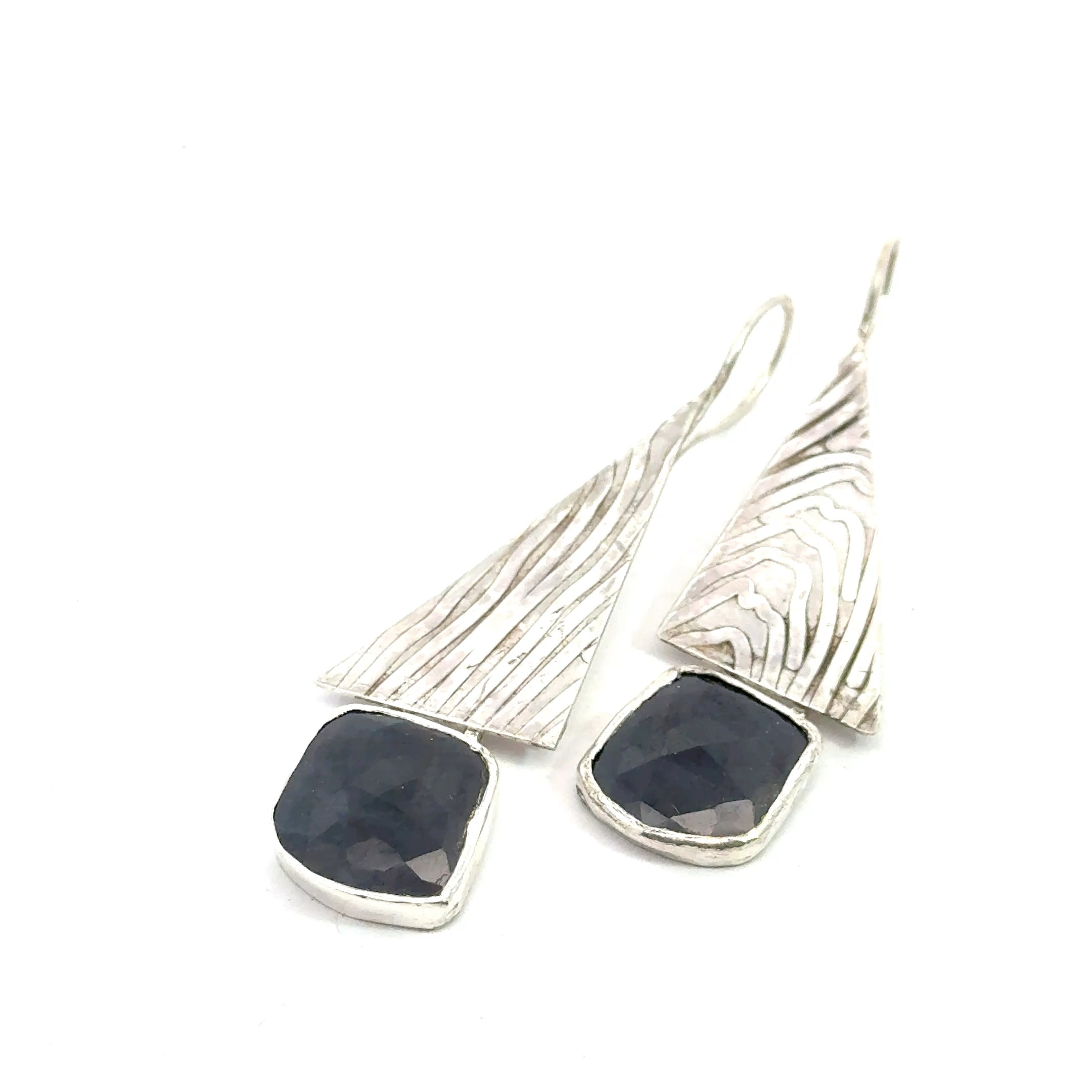 Blue Sapphire & Sterling Silver Triangle Drop Earrings on white right front 