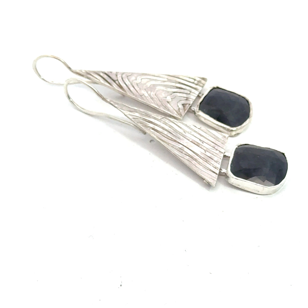 Blue Sapphire & Sterling Silver Triangle Drop Earrings on white right side view