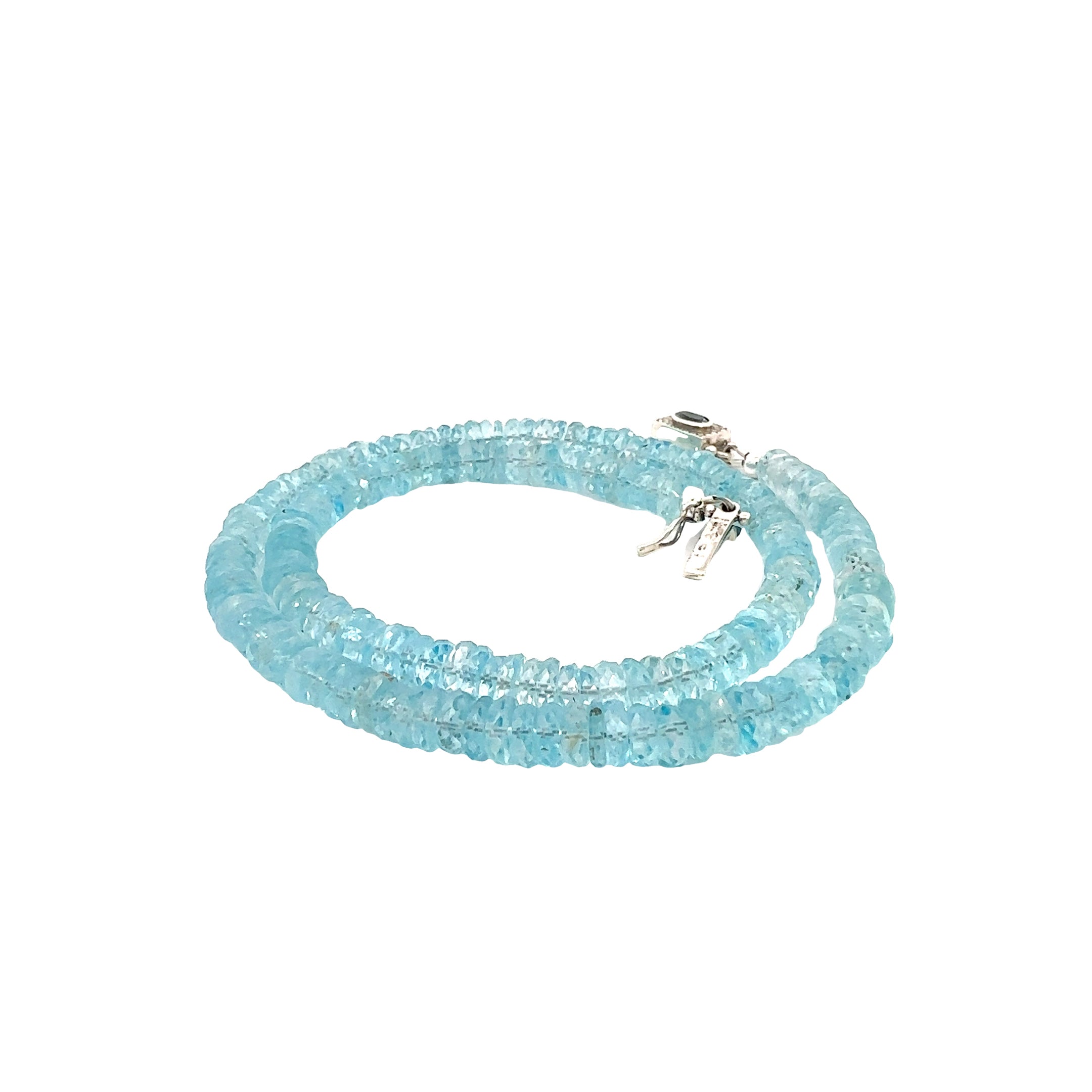 Blue Topaz Gemstone Necklace  on white back side close up spiral  view
