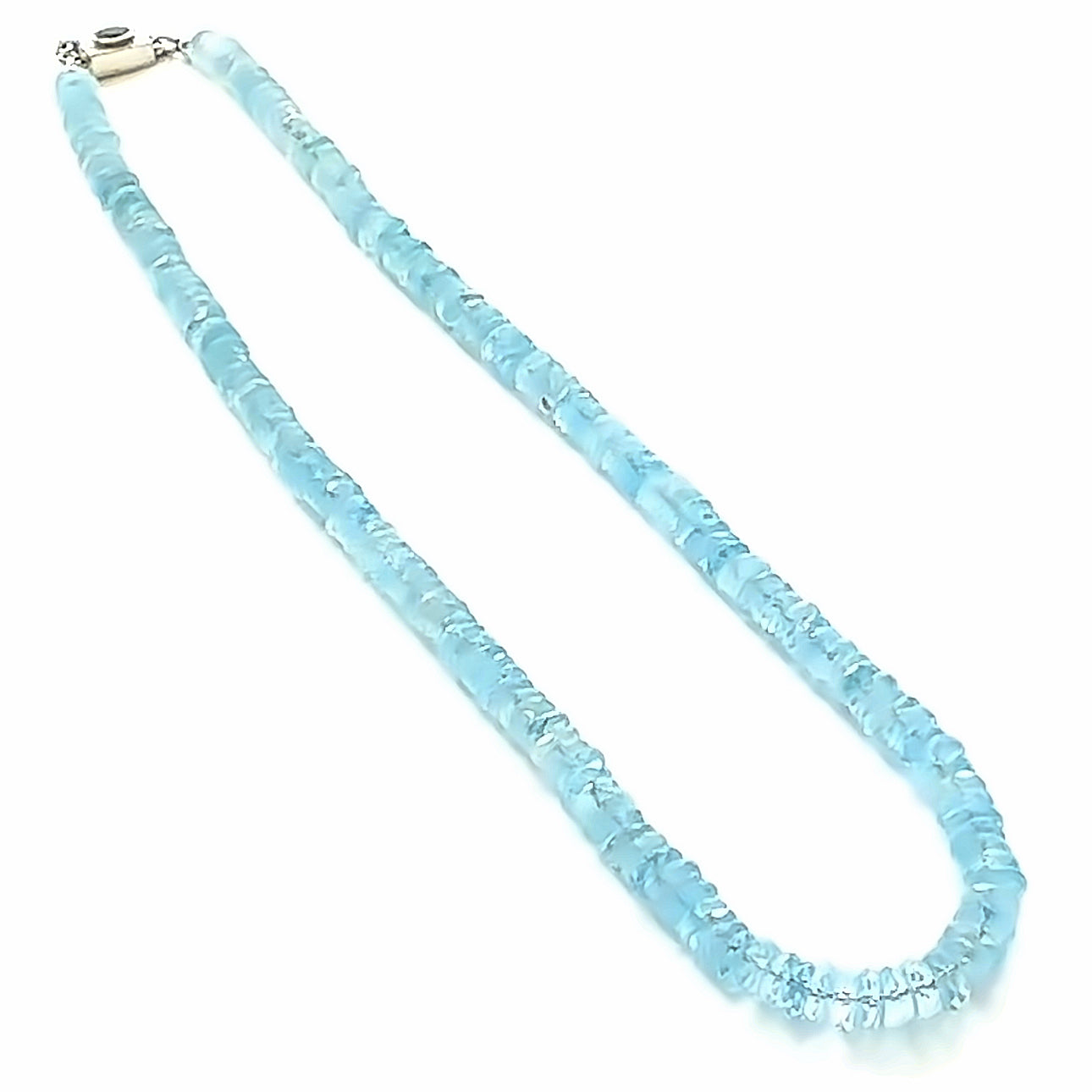 Blue Topaz Gemstone Necklace  on white front close up long left angle  view