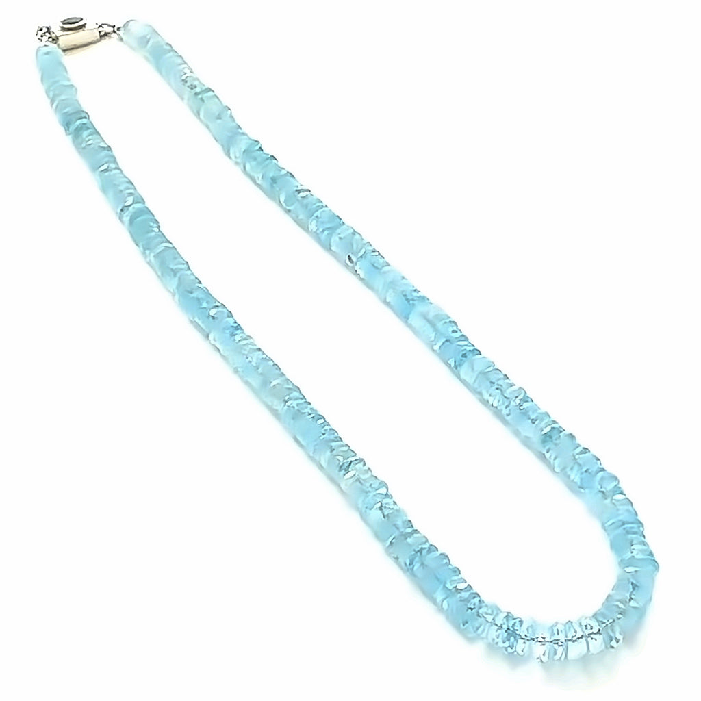 Blue Topaz Gemstone Necklace  on white front close up long left angle  view