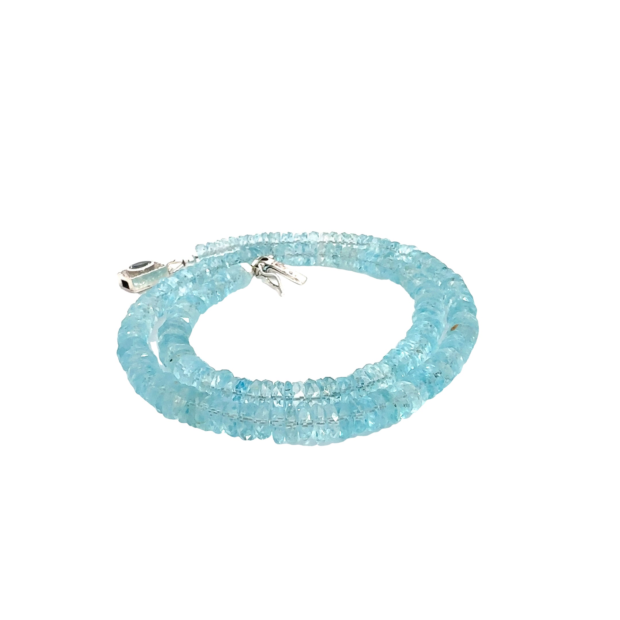 Blue Topaz Gemstone Necklace  on white front close up spiral  view
