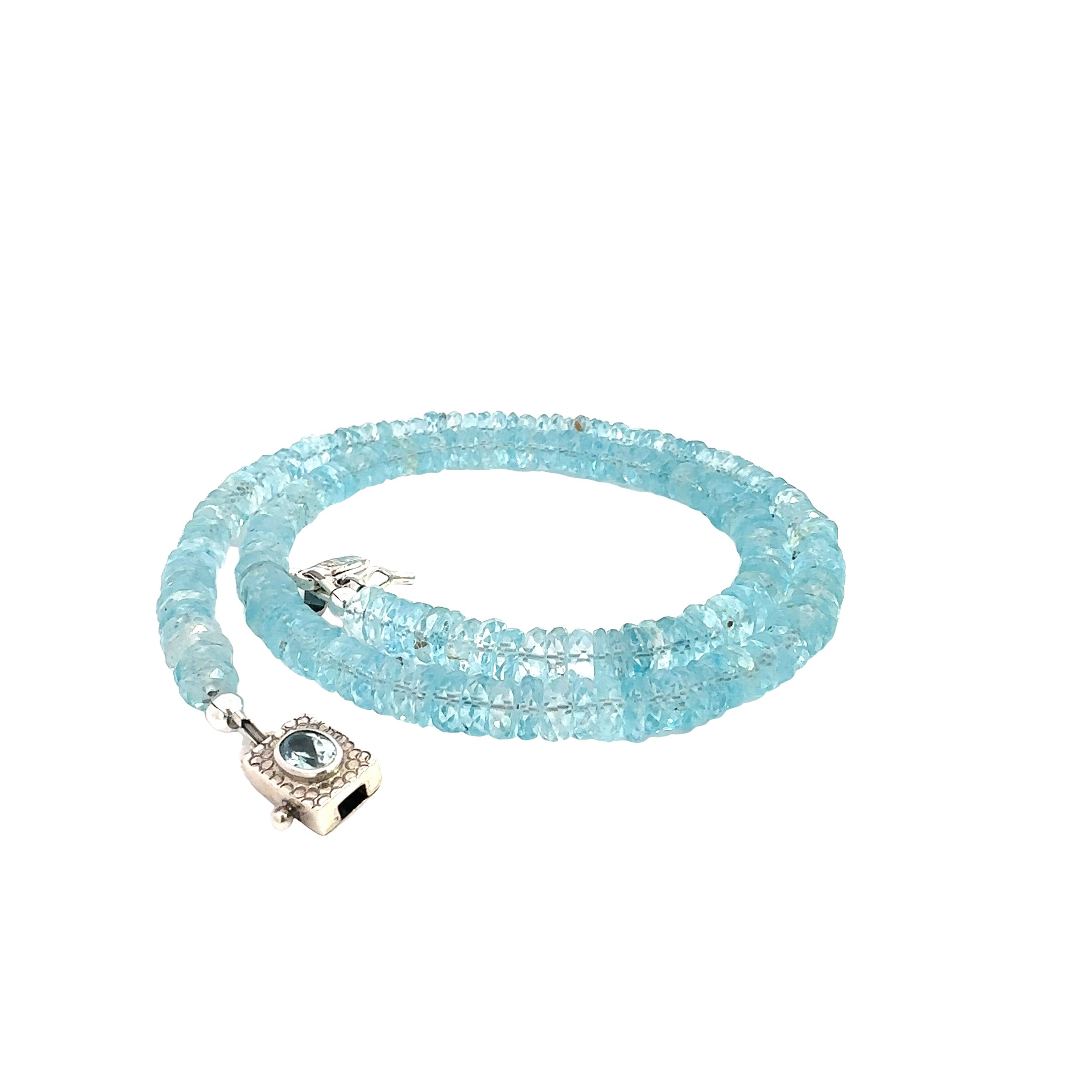 Blue Topaz Gemstone Necklace  on white front side close up spiral  view