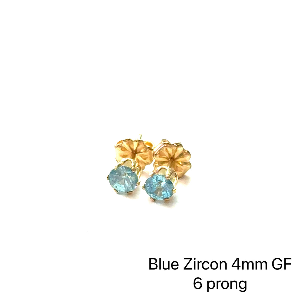 Blue Zircon Gemstone 4mm Stud Earrings on white center overview