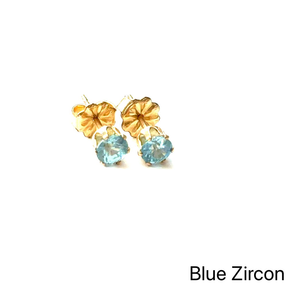 Blue Zircon Gemstone 4mm Stud Earrings on white left angled overview
