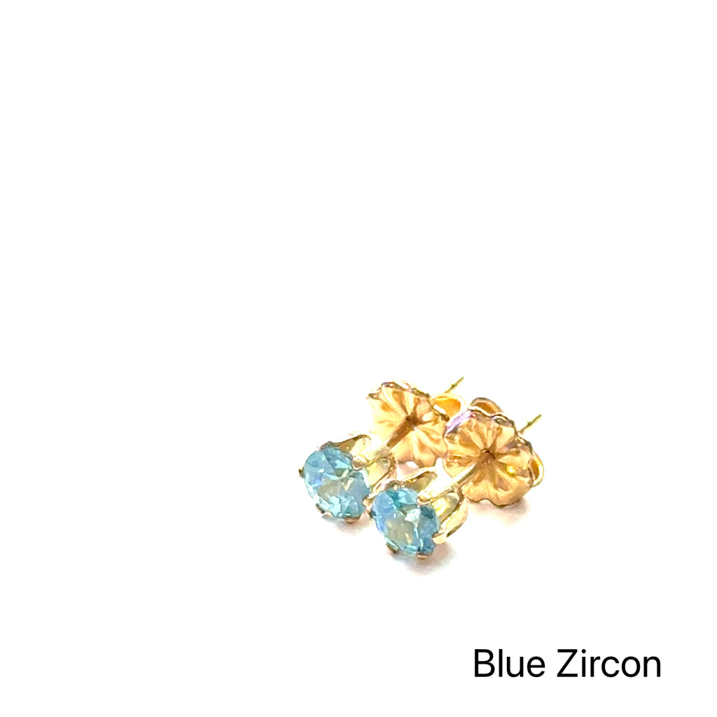 Blue Zircon Gemstone 4mm Stud Earrings on white right angled overview
