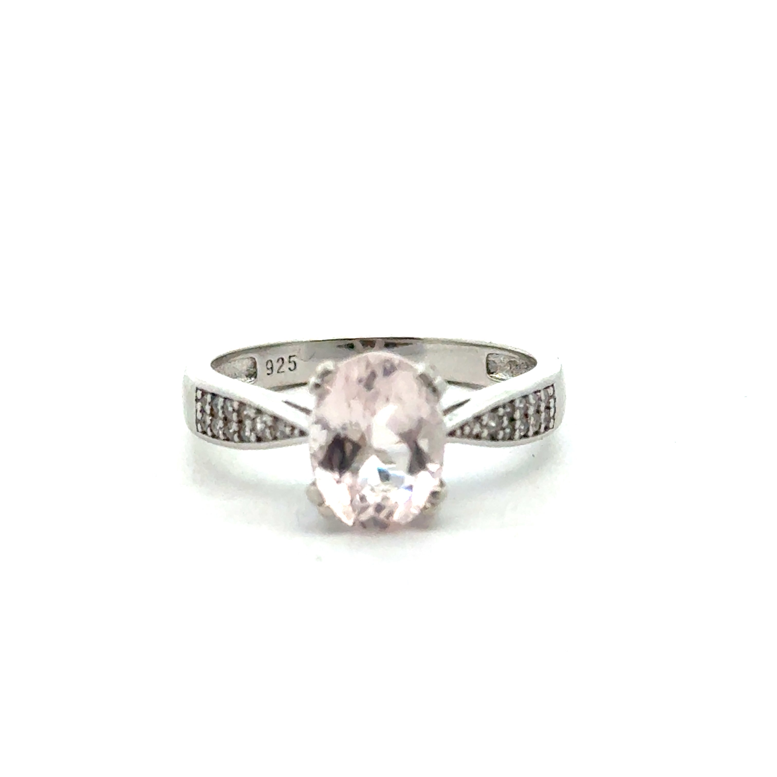 Blush Radiance: Morganite & CZ Ring on white center view  up close
