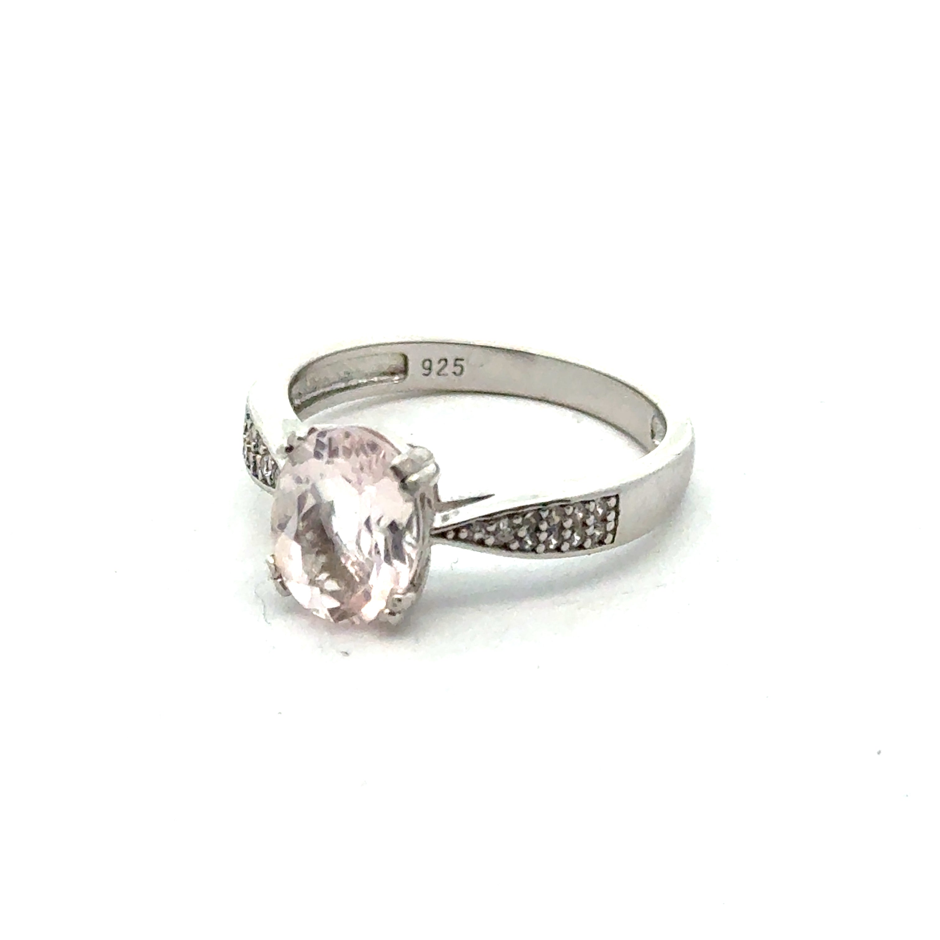 Blush Radiance: Morganite & CZ Ring on white front view  left side