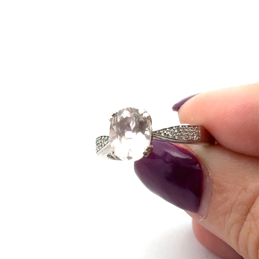 Blush Radiance: Morganite & CZ Ring on white front view up close