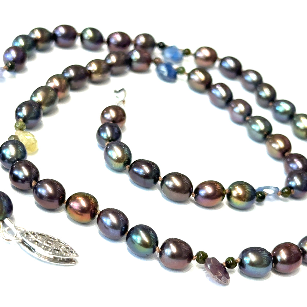 Bronze Freshwater Pearl Necklace on white center diagonal close up  spiral overview