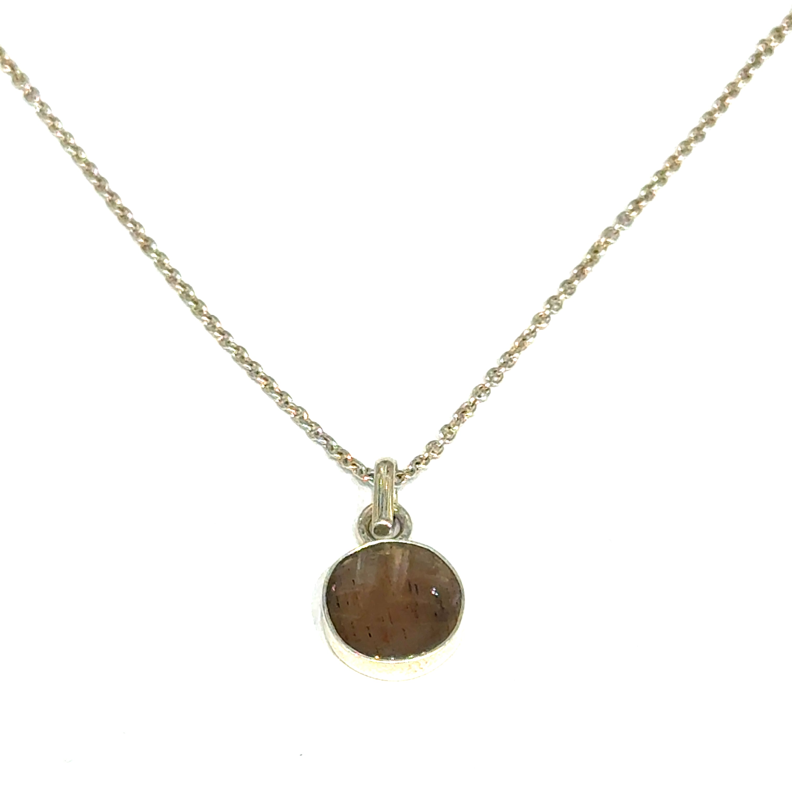 Brown Confetti Moonstone Sunstone pendant set in sterling silver bezel on a white background, hung  front, close up overview.