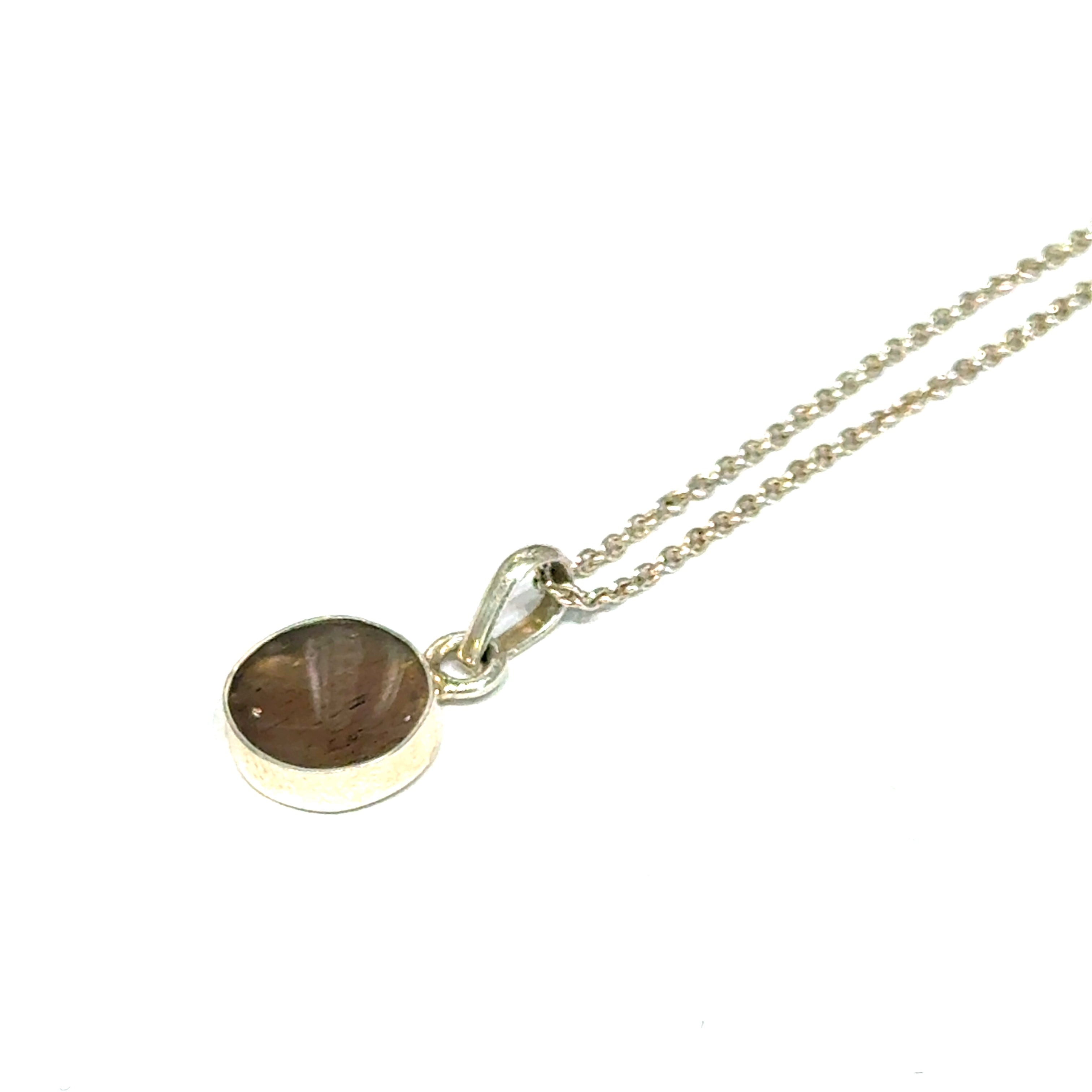 Brown Confetti Moonstone Sunstone pendant set in sterling silver bezel on a white background, left angle front, close up overview. 