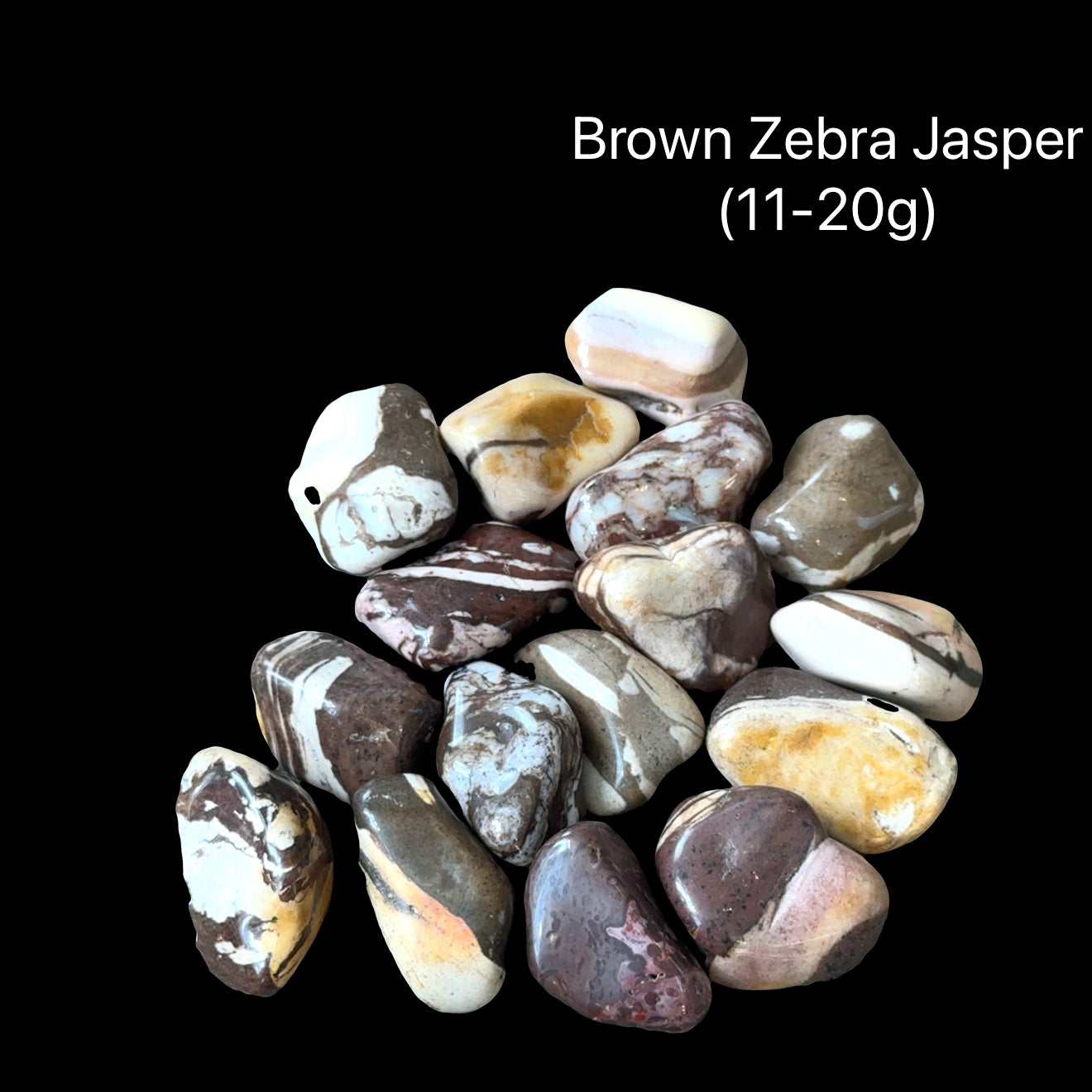 Brown Zebra Jasper stones on a black background with text indicating weight range (11-20g), front overview. 