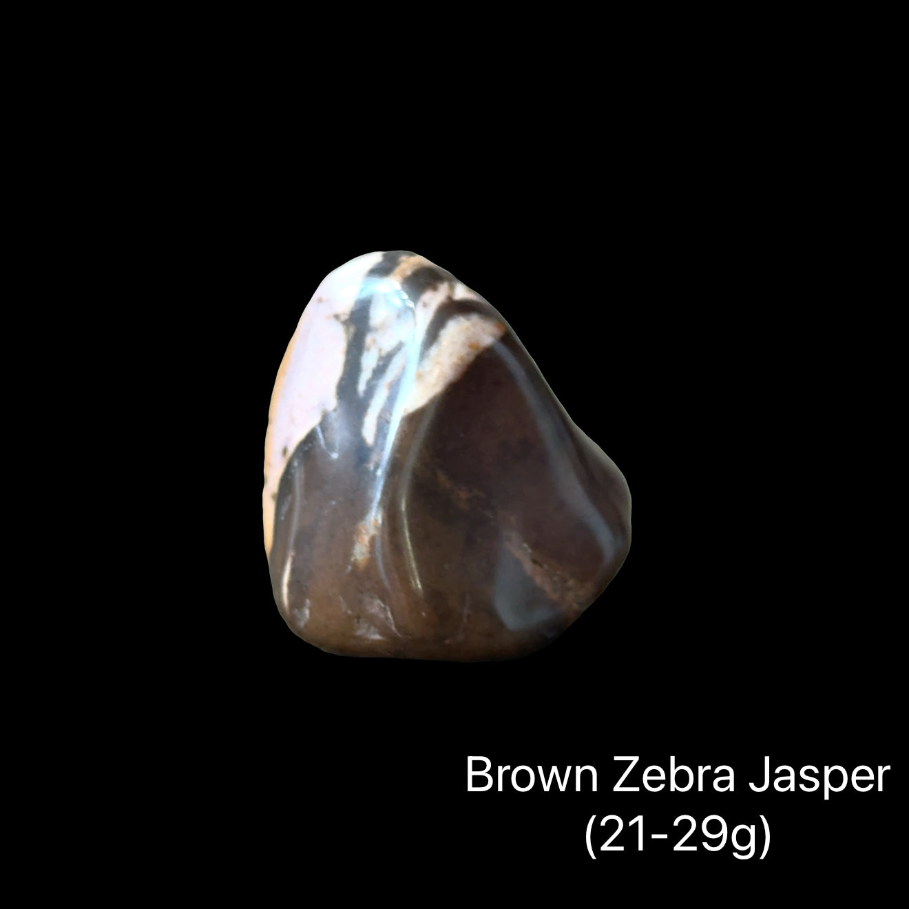 Brown Zebra Jasper stones on a black background with text indicating weight range (21-29g), front overview. 
