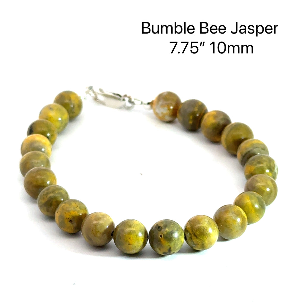 Bumble Bee Jasper Gemstone Bracelet 7.75'' 10mm on white bottom center overview 