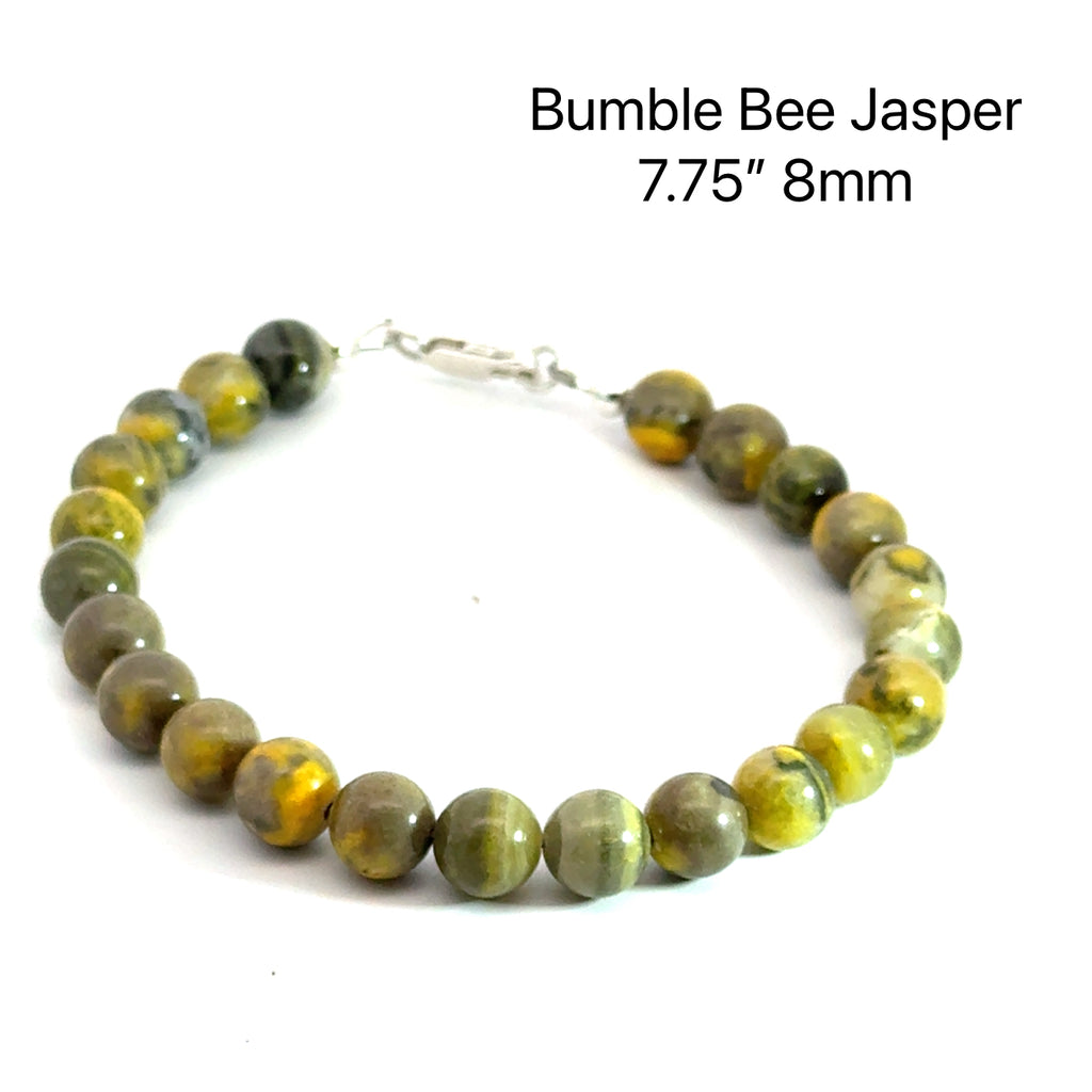 Bumble Bee Jasper Gemstone Bracelet 7.75'' 8mm on white top center overview 