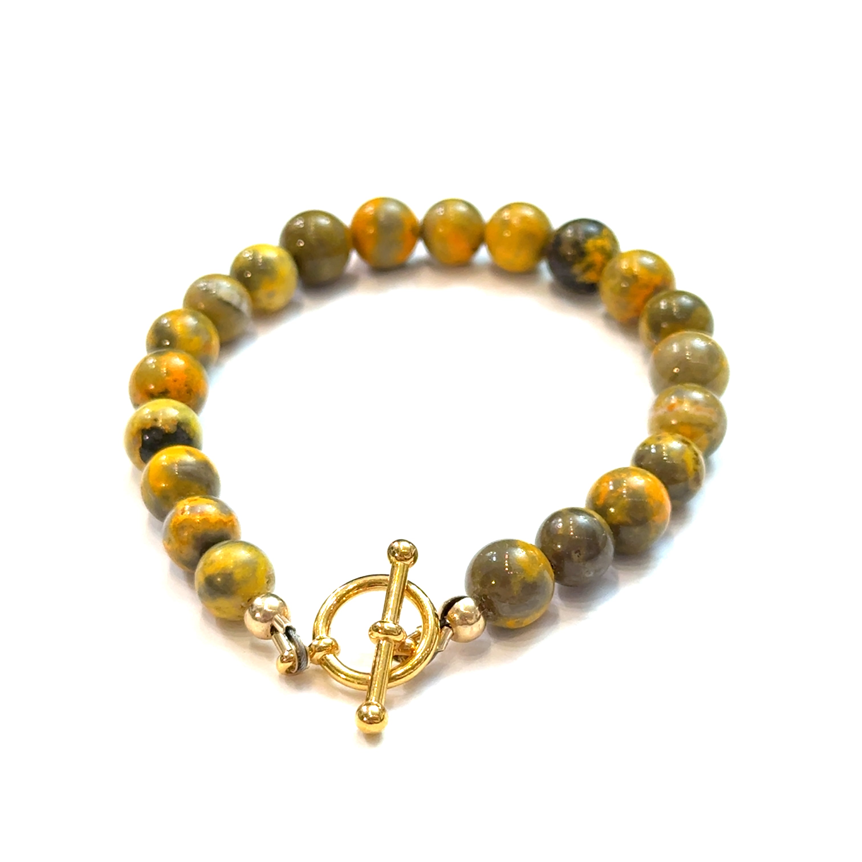 Bumble Bee Jasper Gemstone Bracelet on white bottom center overview gold toggle bracelet