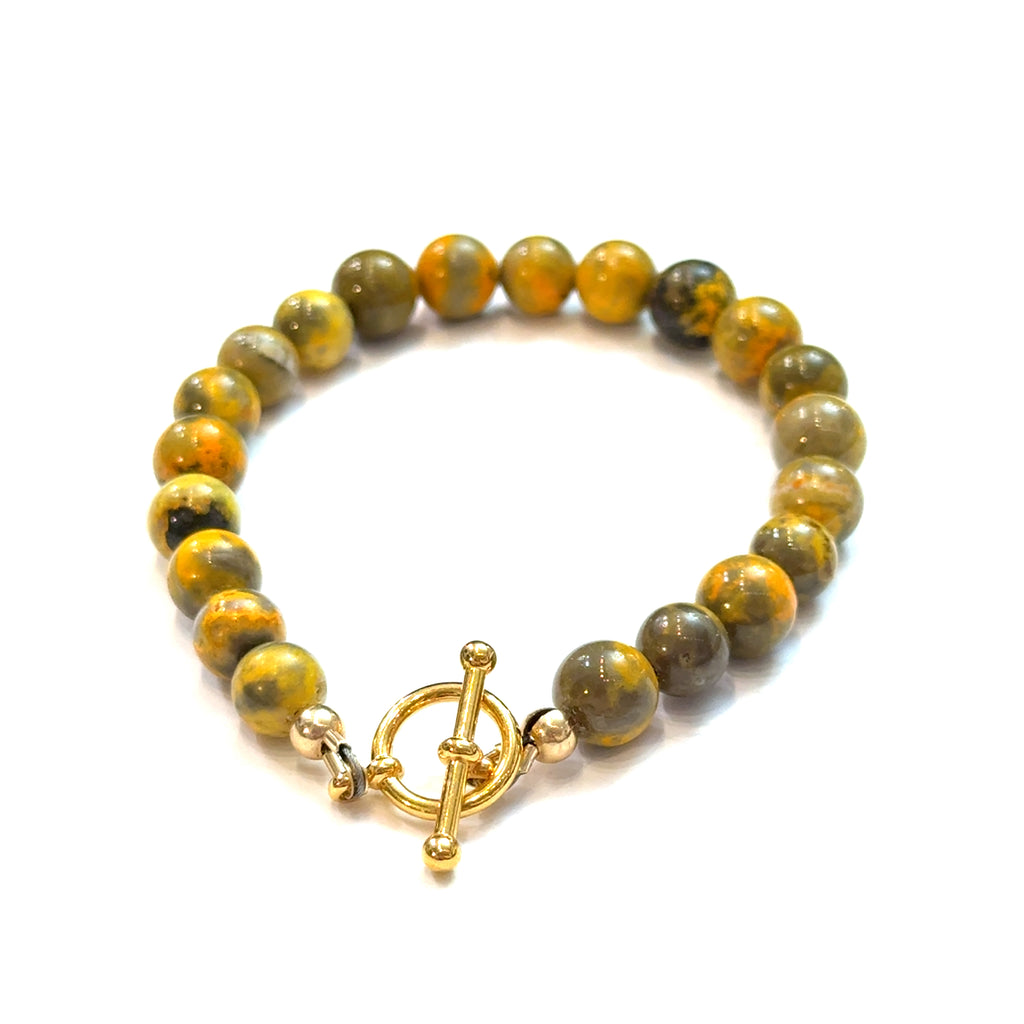 Bumble Bee Jasper Gemstone Bracelet on white bottom center overview gold toggle bracelet