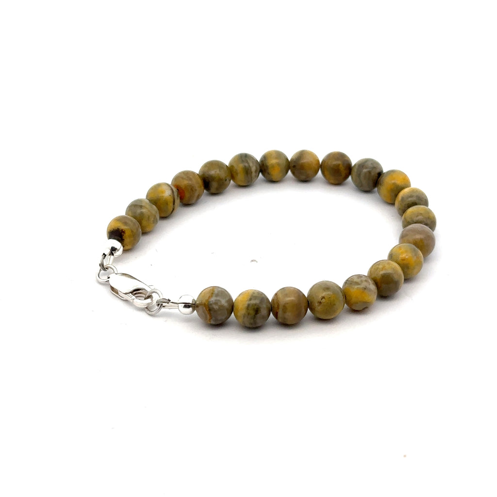 Bumble Bee Jasper Gemstone Bracelet on white bottom  left angled center overview