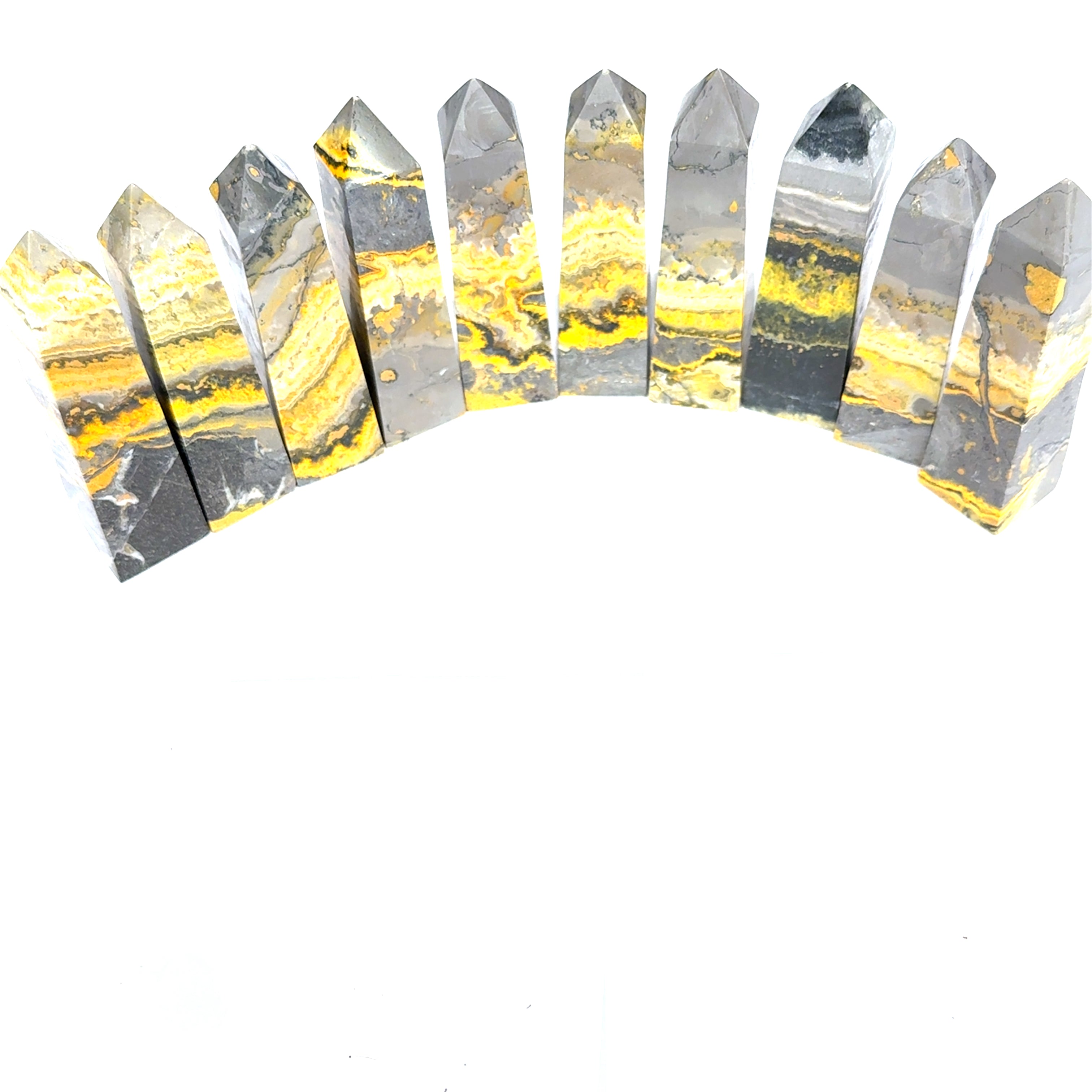 Bumblebee Jasper Gemstone Tower grouping on white front view