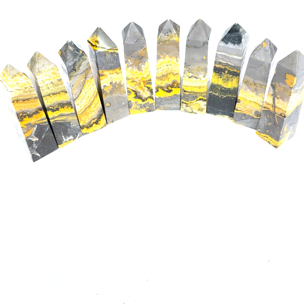 Bumblebee Jasper Gemstone Tower grouping on white front view