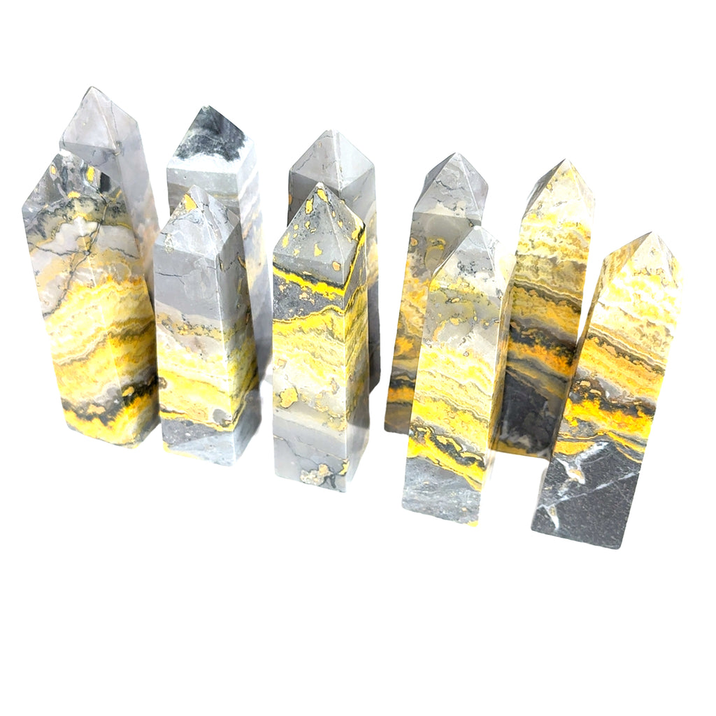 Bumblebee Jasper Gemstone Tower grouping  on white over view
