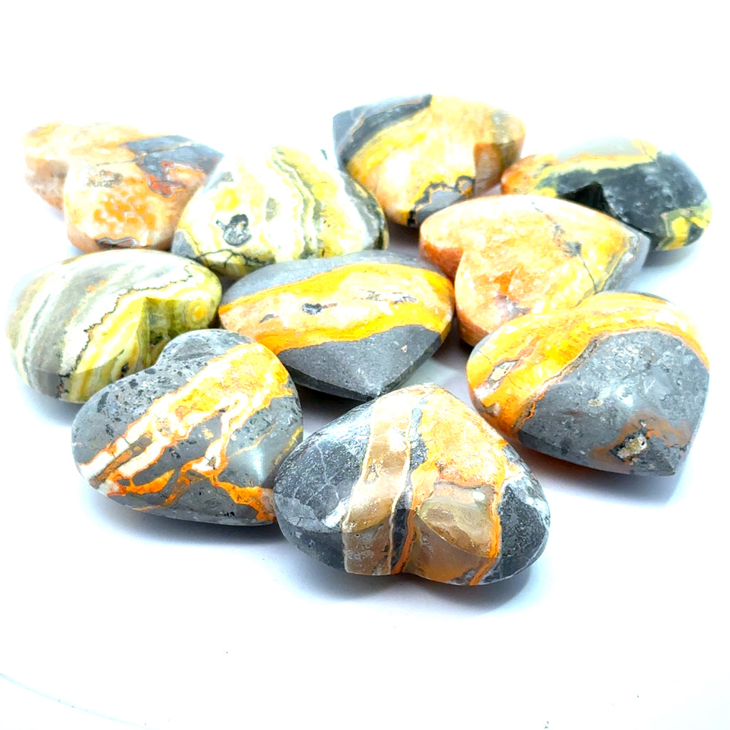 Bumblebee Jasper Heart Gemstone grouping on white front  overview 