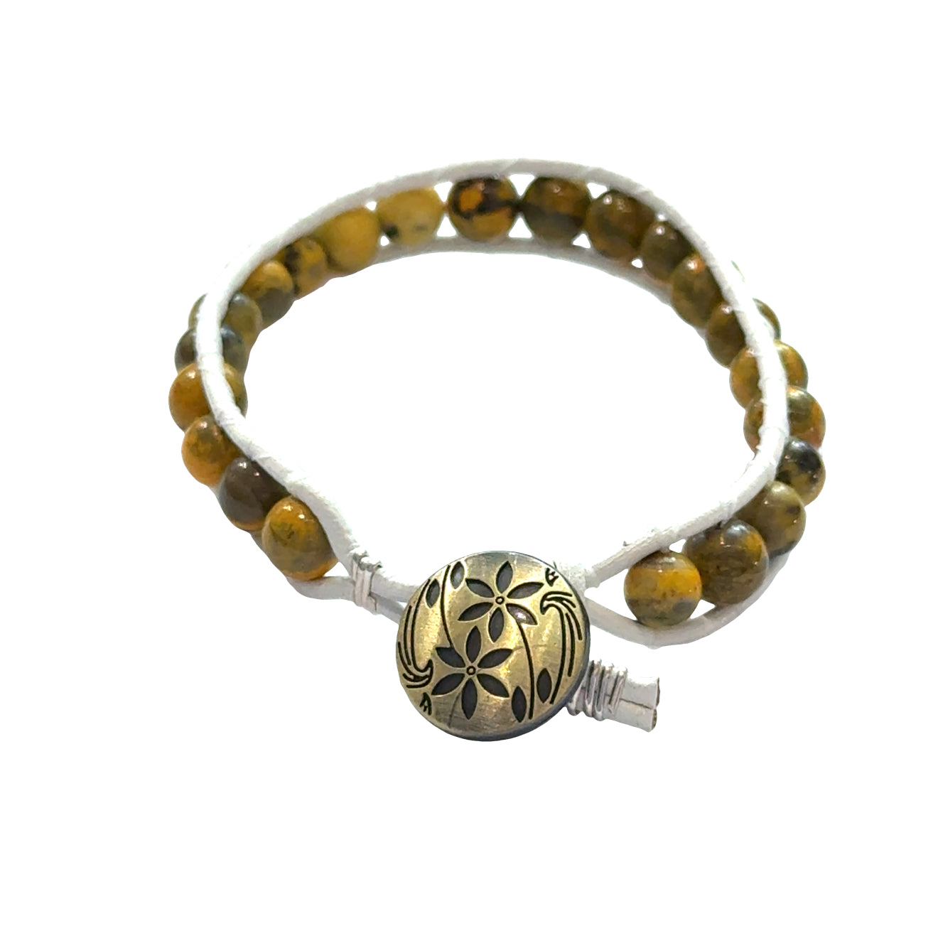 Bumblebee Jasper leather wrap bracelet with 6mm yellow and black beads on white leather, brass flower button, unisex spiritual jewelry, on white background, back view.
