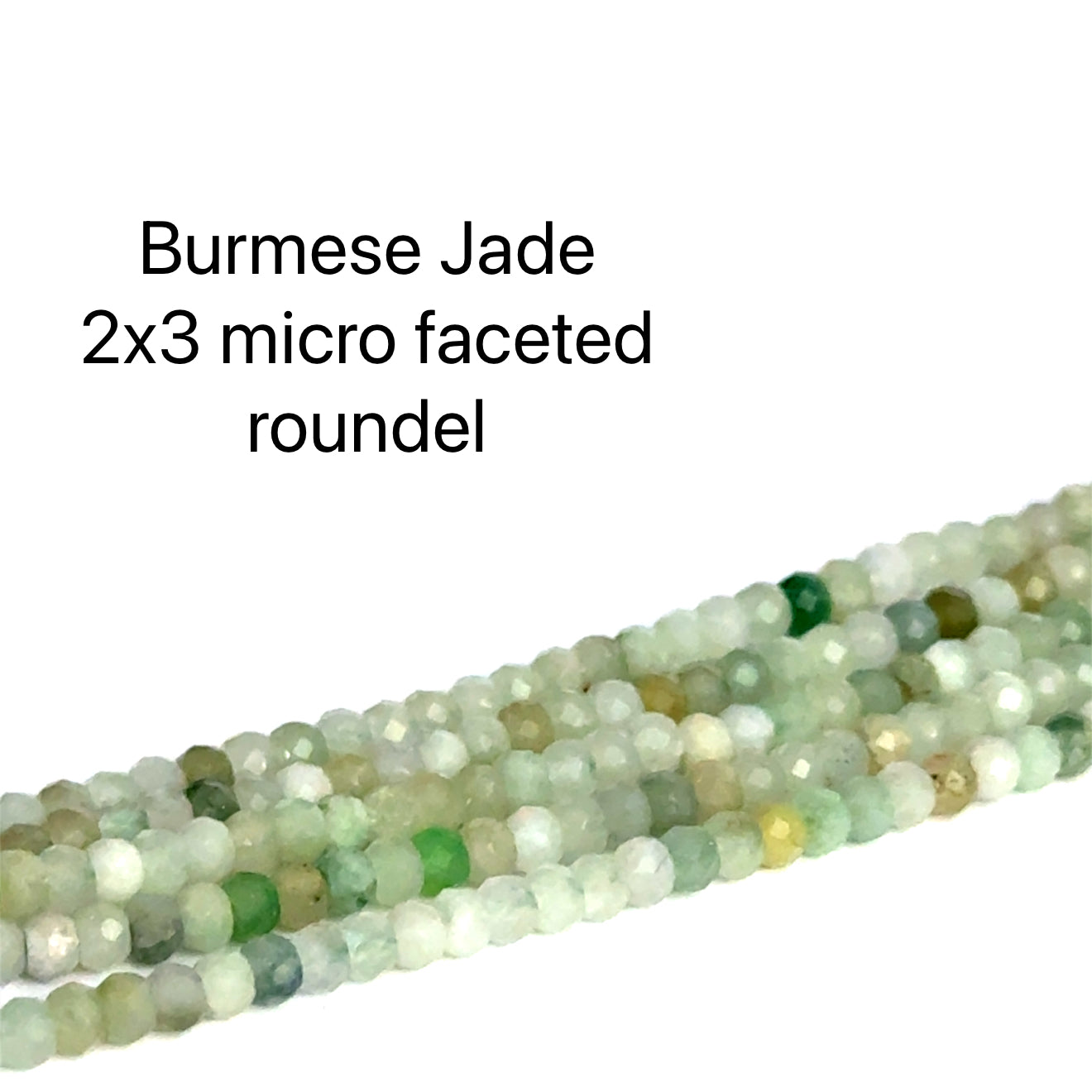 Burma Jade 2x3 mm micro faceted roundel gemstone strand on a white background, front overview. 