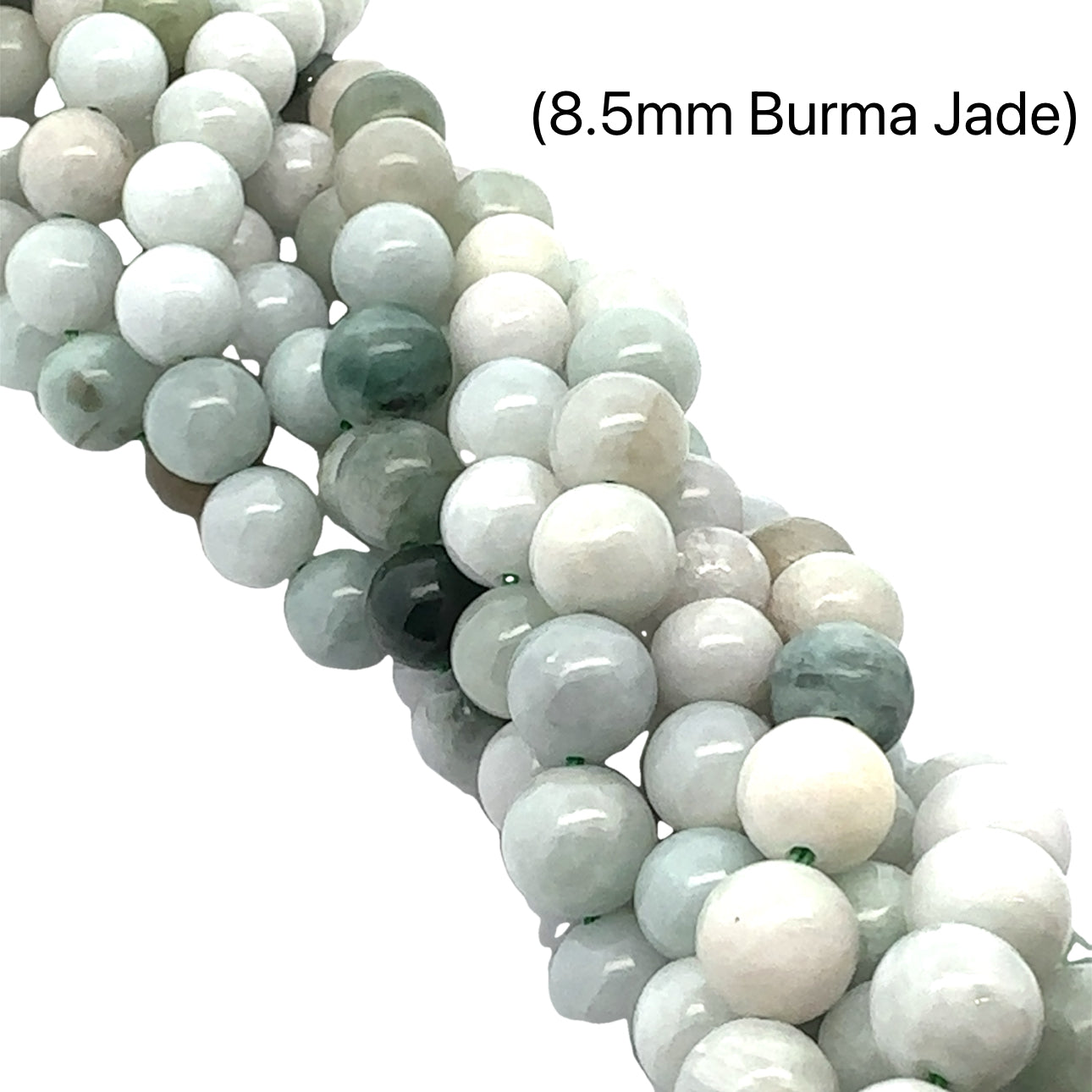 Burma Jade 8.5mm smooth round gemstone strand on a white background, front overview. 