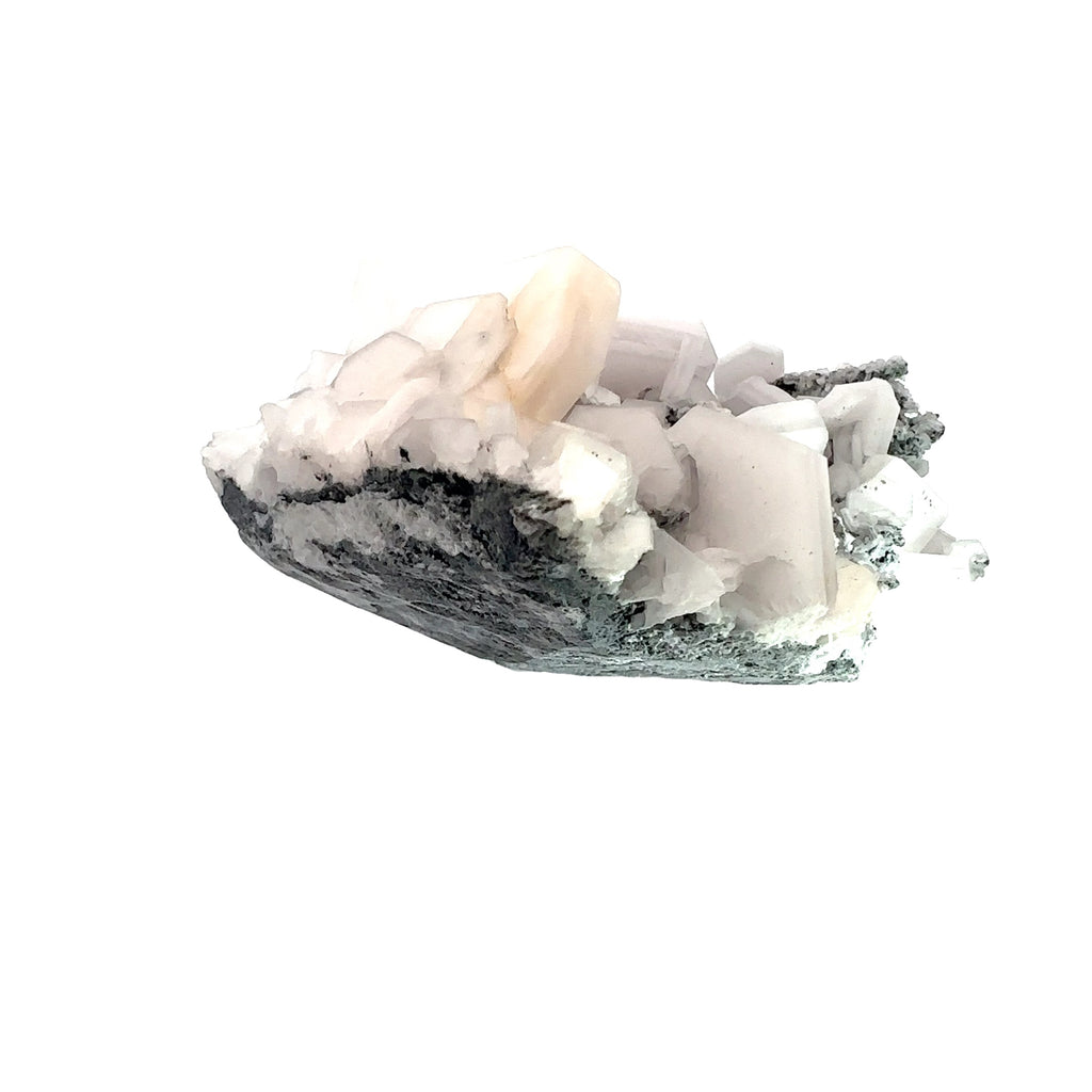 Calcite “Sandwich” Raw Gemstone on white back view 